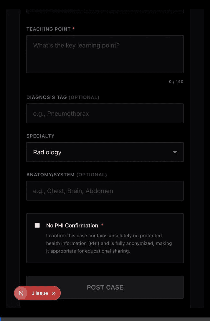 ANTR beta capture flow showing teaching point, specialty, anatomy, and no-PHI confirmation before posting